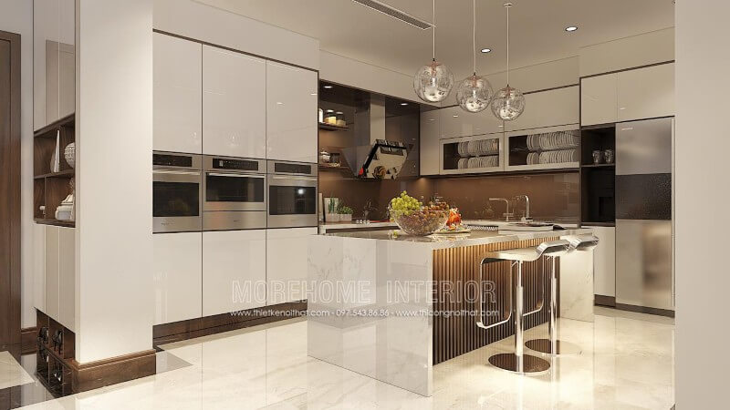 Thiết kế tủ bếp chữ L hiện đại, tone màu trắng chủ đạo tạo nên một không gian đầy sang trọng và không kém phần đẳng cấp, tinh tế Tủ bếp hiện đại đẹp