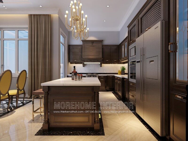 Tủ bếp biệt thự phong cách tân cổ điển mang lại không gian sang trọng, tinh tế, gây ấn tượng khi có khách đến nhà chơi với những lời trầm trồ khen ngợi về gu thẩm mĩ của gia chủ. Thiết kế tủ bếp đẹp