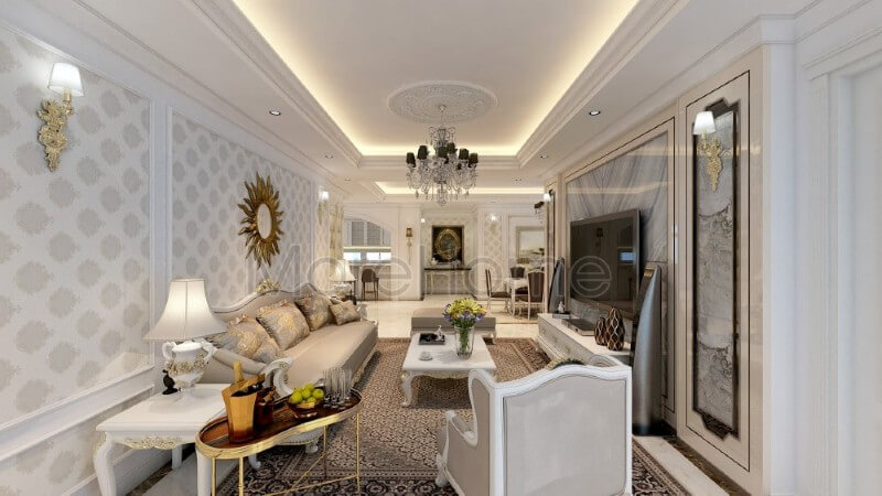 Bộ sofa gỗ tự nhiên được thiết kế rộng vững chãi mang đến cảm giác an toàn và thoải mái cho gia chủ Thiết kế phòng khách chung cư