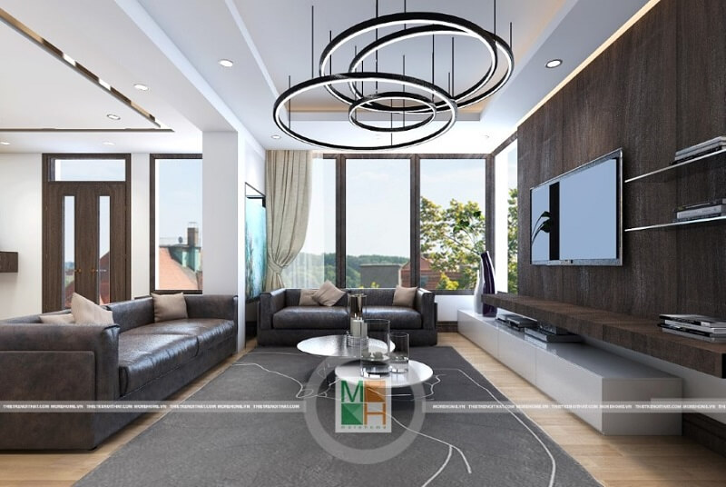Thiết kế nội thất phòng khách đẹp mở rộng với khung cửa sổ to tận dụng ánh sáng tự nhiên từ bên ngoài. Thiết kế phòng khách chung cư