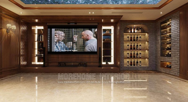 Mẫu kệ tivi gỗ tự nhiên tại tầng hầm biệt thự vinhomes greenbay