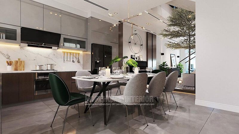 Thiết kế nội thất phòng bếp sang trọng với tông màu tươi sáng cùng cách bố trí khoa học mang đến không gian sống lí tưởng cho gia chủ
