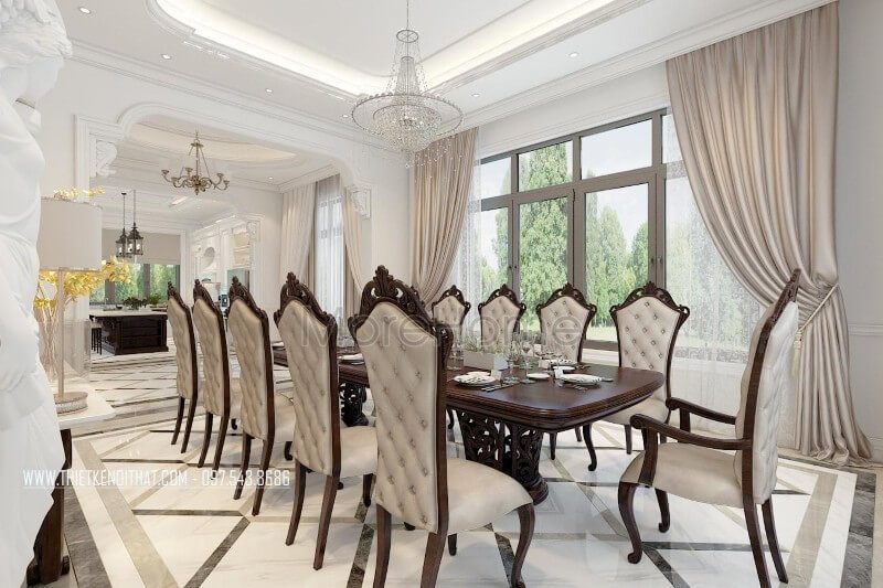 Mẫu bàn ăn gỗ tự nhiên nhập khẩu kết hợp nệm bọc da màu sữa mang đến không gian dùng bữa sang trọng và lãng mạn, ấm cúng hơn bao giờ hết