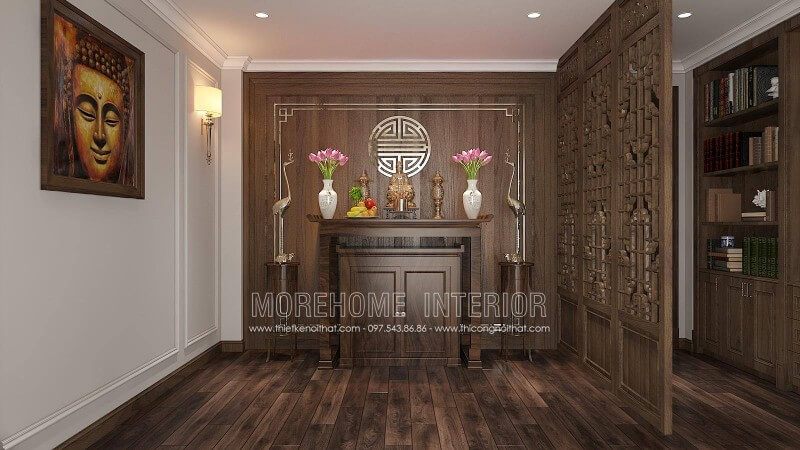 Mẫu tủ thờ gỗ tự nhiên với gam màu trầm mang đến sự thân thiện, ấm cúng