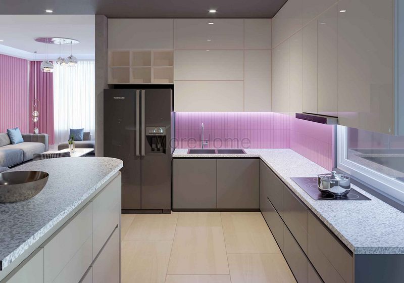 Mẫu tủ bếp gỗ chữ L màu trắng hiện đại, tiện nghi cho người nội trợ