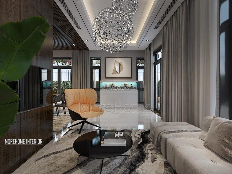 Để tạo ra một phòng khách hiện đại với phong cách tinh tế, thiết kế nội thất bằng cách bao gồm một bể cá phong thủy.