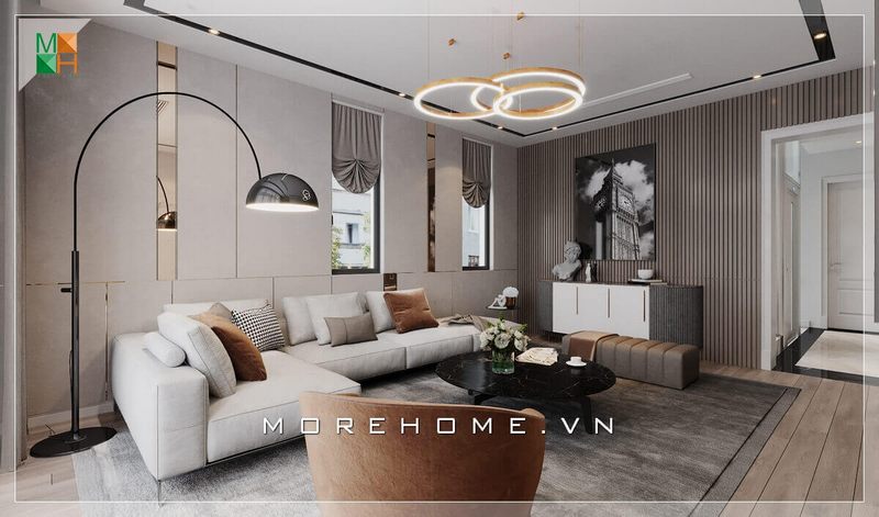 Kiến trúc sư đã thiết kế một mẫu phòng khách dành cho các căn hộ, nhà phố có diện tích vừa, sử dụng nội thất tông màu trung tính với sự sang trọng, cao cấp.