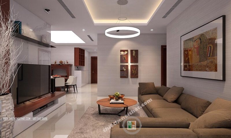 Mẫu thiết kế nội thất phòng khách đẹp bao gồm các đồ nội thất hiện đại nhỏ gọn như: kệ ti vi treo tường, bộ sofa vải, hệ tủ và đèn trang trí.